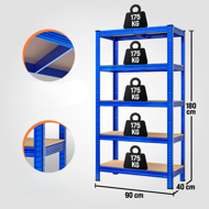 Regál s vysokou nosností HEAVY, max. 875kg, 90x40x180cm, modrá