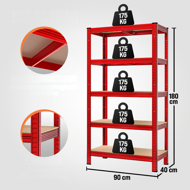Regál s vysokou nosností HEAVY, max. 875 kg, 90×40×180 cm, červená