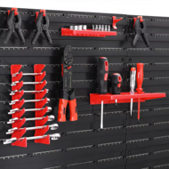 Závěsný organizér do dílny ORDERBOX s 28 boxy a držáky na nářadí, 64x2x38cm, červená/černá