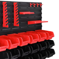 Závěsný organizér do dílny ORDERBOX s 28 boxy a držáky na nářadí, 64x2x38cm, červená/černá