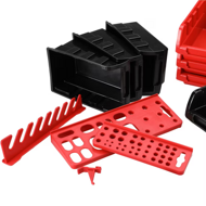 Závěsný organizér do dílny ORDERBOX s 28 boxy a držáky na nářadí, 64x2x38cm, červená/černá