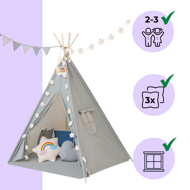 Dětský stan teepee JULIUS, 120x120x160cm, šedá/modrá