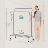 Stojan na oblečení MATILDA na kolečkách Max. 100kg, 155x103x52 cm, stříbrná