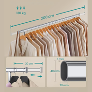 Stojan na oblečení DOLLY na kolečkách, max. 150 kg, 45x160-200x161,5cm, stříbrná