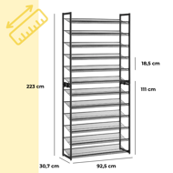 Stohovatelný regál na boty IDA, 12 polic, 92,5x31x223cm, černá