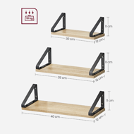 Nástěnné konzolové police ABBY, 3ks, 30/35/40x12cm. černá/světlá hnědá