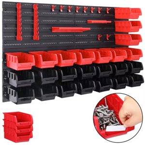 Závěsný organizér do dílny ORDERBOX s 28 boxy a držáky na nářadí, 64x2x38cm, červená/černá
