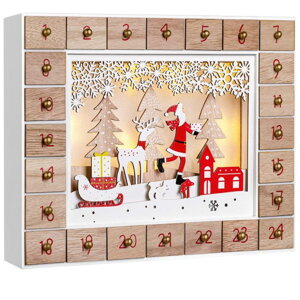 Dřevěný adventní kalendář s LED osvětlením, Santa Claus 35x6x27cm