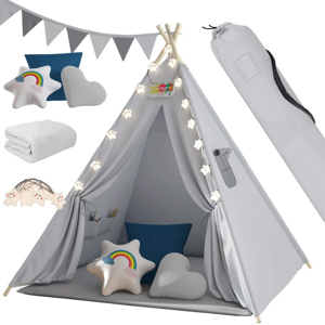 Dětský stan teepee JULIUS, 120x120x160cm, šedá/modrá
