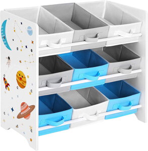 Regál na hračky VESMÍR, 9 boxů, 62,5x29,5x60cm, bílá s nálepkami