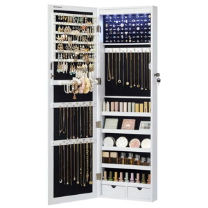 Nástěnná šperkovnice se zrcadlem JEWELIA s LED osvětlením, 10x37x120 cm, bílá