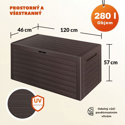 Úložný box WOODEBOX, 280L, 120x46x57cm, tmavě hnědá