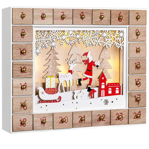 Dřevěný adventní kalendář SANTA CLAUS s osvětlením, 35x6x27cm, bílá/hnědá