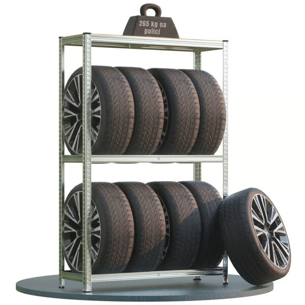 Regál na pneumatiky TYRE, 120x40x180cm, max. 795kg, stříbrná/světle hnědá