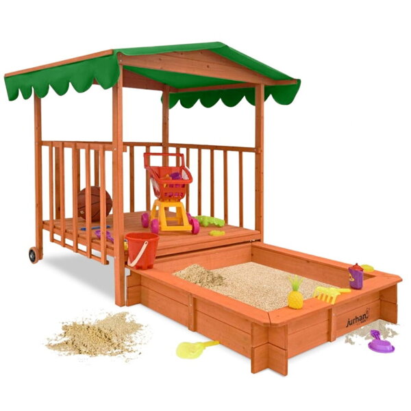 Pískoviště s verandou HAPPY, 130x130x143cm, hnědá/zelená